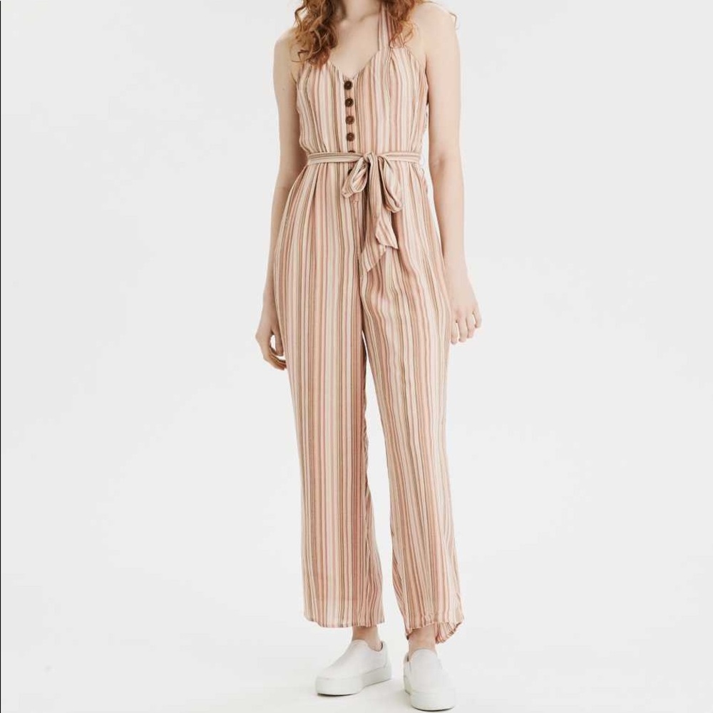 American Eagle Outfitters Striped Sleeveless Jumpsuit in Blush and Cream